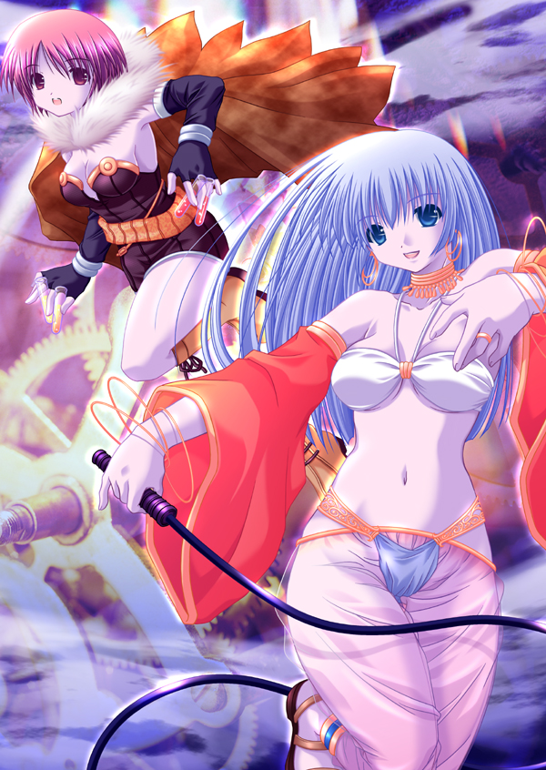 higuchi norie, alchemist (ragnarok online), gypsy (ragnarok online), ragnarok online, commentary request, 2000s (style), 2girls, abstract background, bangle, bikini, black gloves, blue eyes, blue hair, boots, bracelet, breasts, brown boots, brown cape, brown dress, brown eyes, brown sandals, cape, cleavage, dated commentary, detached sleeves, dress, earrings, elbow gloves, feet out of frame, fingerless gloves, foot out of frame, fur collar, gears, gloves, harem pants, holding, holding whip, hoop earrings, jewelry, long hair, looking at viewer, medium breasts, multiple girls, navel, pants, pink hair, potion, red sleeves, sandals, see-through clothes, see-through pants, short dress, short hair, smile, strapless, strapless dress, swimsuit, vial, white bikini