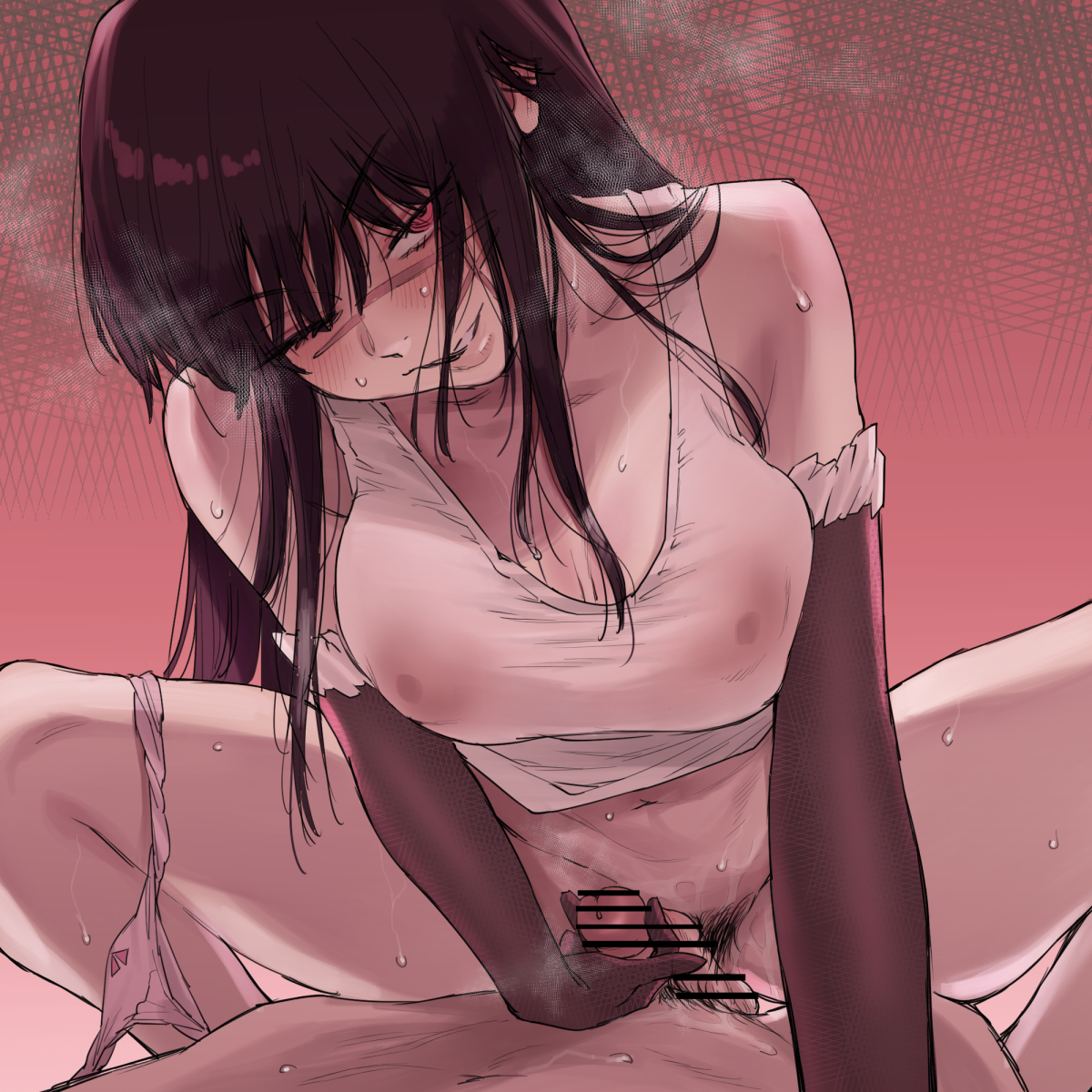 kouya toufu, yoru (chainsaw man), chainsaw man, commentary request, highres, 1boy, 1girl, bar censor, bare shoulders, black hair, blush, breasts, censored, covered erect nipples, cowgirl position, elbow gloves, erection, female pubic hair, gloves, hetero, imminent penetration, large breasts, long hair, looking at viewer, male pubic hair, navel, one eye closed, panties, panties around leg, parted lips, penis, pink background, pink panties, pov, pubic hair, puffy nipples, red eyes, scar, scar on face, sidelocks, smile, squatting cowgirl position, straddling, sweat, tank top, underwear, white tank top