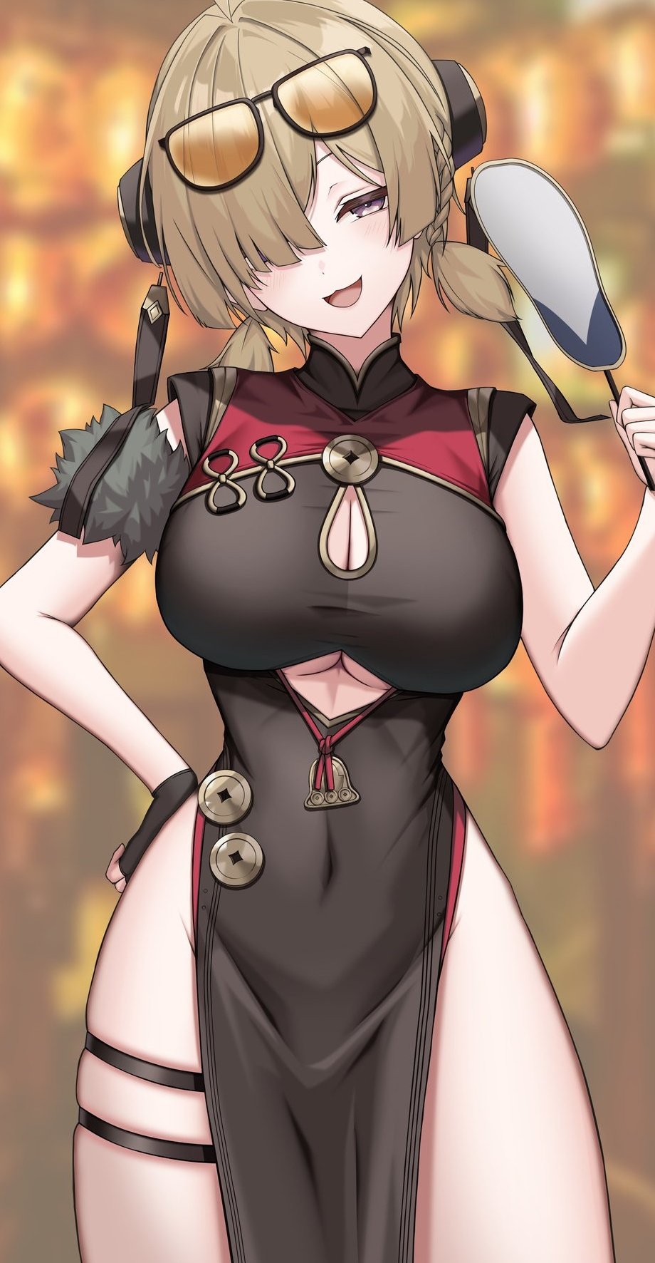 kushinaka, sweety (zenless zone zero), zenless zone zero, highres, 1girl, black dress, black gloves, blurry, blurry background, braid, breasts, brown hair, china dress, chinese clothes, cleavage cutout, clothing cutout, covered navel, cowboy shot, dress, eyewear on head, fingerless gloves, gloves, hair over one eye, hand fan, hand on own hip, head tilt, holding, holding fan, large breasts, looking at viewer, open mouth, pelvic curtain, purple eyes, short twintails, solo, thigh strap, tinted eyewear, tuanshan, twintails, underboob cutout, yellow-tinted eyewear