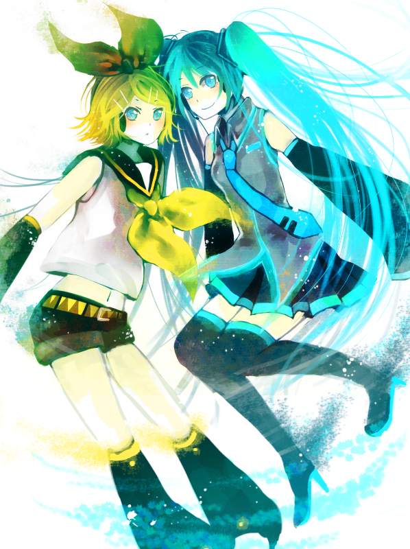 miyake achi, hatsune miku, kagamine rin, vocaloid, bad id, bad pixiv id, 2girls, :o, aqua eyes, aqua hair, belt, blonde hair, blue eyes, blue hair, blue thighhighs, blush, detached sleeves, flying, hair ornament, hair ribbon, hairclip, long hair, miniskirt, multiple girls, navel, necktie, pleated skirt, ribbon, short hair, shorts, simple background, skirt, smile, thighhighs, twintails, very long hair, zettai ryouiki