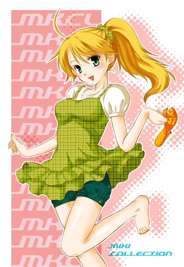 baruko, hoshii miki, idolmaster, idolmaster (classic), idolmaster 1, 00s, 1girl, ahoge, barefoot, blonde hair, breasts, camisole, feet, female focus, green eyes, long hair, ponytail, shorts, solo