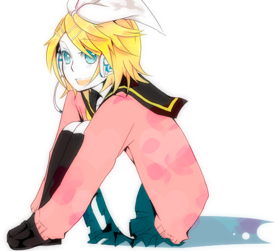 miyake achi, kagamine rin, vocaloid, 1girl, aqua eyes, blonde hair, blue eyes, female focus, hair ornament, hair ribbon, hairclip, happy, headset, hugging own legs, kneehighs, laughing, long sleeves, microphone, miniskirt, open mouth, pleated skirt, ribbon, school uniform, serafuku, shoes, short hair, simple background, sitting, skirt, sleeves past wrists, smile, socks, solo, sweater