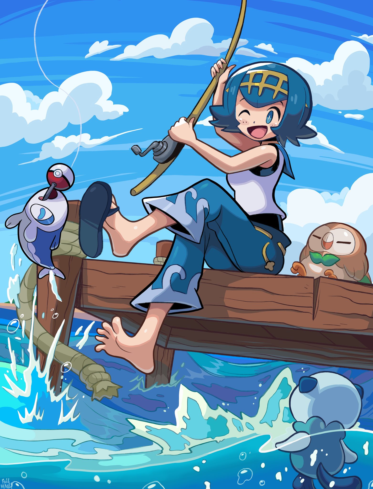 lana (pokemon), oshawott, rowlet, wishiwashi, wishiwashi (solo), nintendo, pokemon, pokemon sm, highres, 1girl, blue eyes, blue hair, blue pants, blue sky, bright pupils, cloud, collared shirt, day, fishing rod, flip-flops, freckles, gen 5 pokemon, gen 7 pokemon, hairband, holding, holding fishing rod, no sclera, open clothes, open mouth, outdoors, pants, partially underwater shot, pier, pokemon (creature), print pants, sandals, shirt, sitting, sky, sleeveless, sleeveless shirt, water, wave print, white pupils, wolfang fh