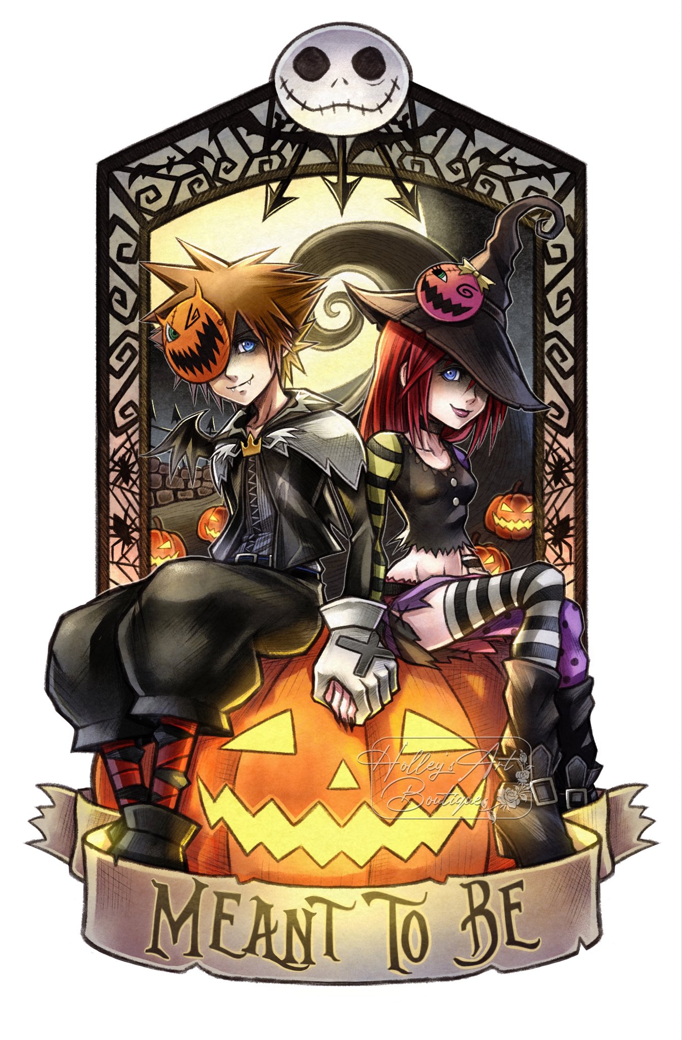 hollypolllyy, jack skellington, kairi (kingdom hearts), sora (kingdom hearts), kingdom hearts, kingdom hearts ii, highres, 1boy, 1girl, alternate costume, artist name, black boots, black camisole, black choker, black jacket, black nails, black pants, black shirt, blue eyes, boots, border, breasts, brown hair, camisole, choker, couple, crop top, english text, fangs, fangs out, fingernails, gloves, hair between eyes, hat, hat over one eye, hetero, holding hands, jack-o'-lantern, jacket, long fingernails, long hair, mask over one eye, medium breasts, midriff, mini wings, nail polish, nomura tetsuya (style), official alternate costume, pants, pumpkin hat ornament, purple skirt, red hair, shirt, short hair, skirt, spiked hair, striped clothes, striped sleeves, striped thighhighs, thighhighs, white border, white gloves, wings, witch, witch hat
