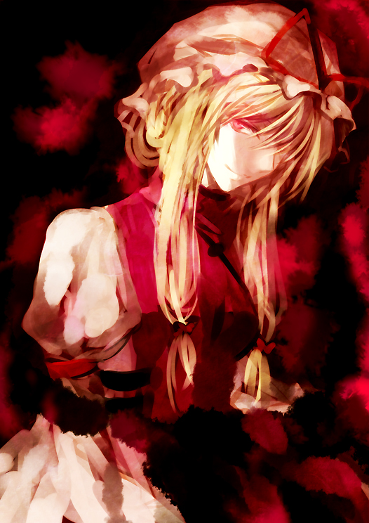 irua, yakumo yukari, touhou, bad id, bad pixiv id, 1girl, blonde hair, female focus, gradient background, hat, long hair, mob cap, red eyes, ribbon, solo, tabard