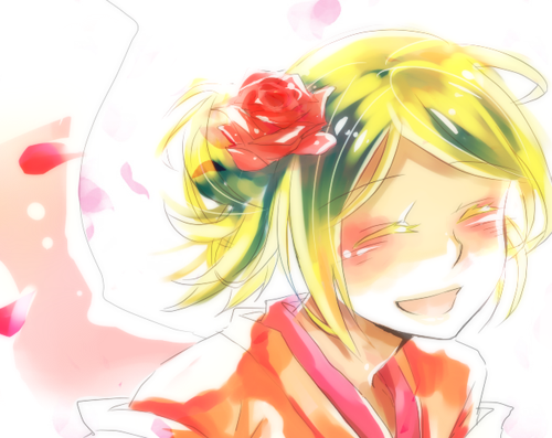 miyake achi, kagamine rin, vocaloid, lowres, blonde hair, closed eyes, happy, short hair, solo