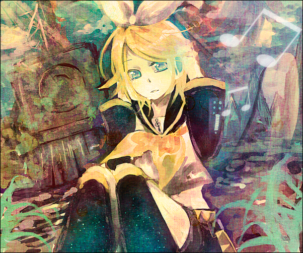 miyake achi, kagamine rin, vocaloid, bad id, bad pixiv id, blonde hair, hair ribbon, ribbon, short hair, solo, tears