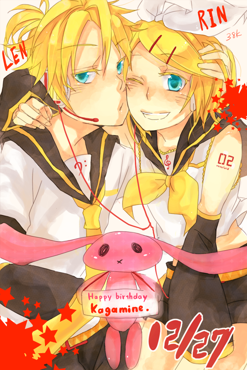miyake achi, kagamine len, kagamine rin, vocaloid, bad id, bad pixiv id, 1boy, 1girl, birthday, blonde hair, blue eyes, brother and sister, cheek-to-cheek, hair ornament, hair ribbon, hairclip, happy, heads together, ribbon, siblings, twins