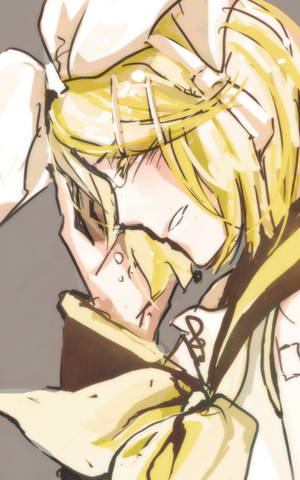 miyake achi, kagamine rin, vocaloid, lowres, blonde hair, blush, hair ornament, hair ribbon, hairclip, ribbon, solo, tears