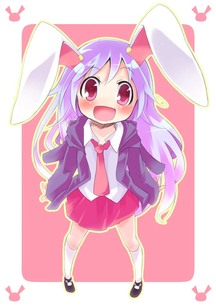 mukunoki nanatsu, nanatsu, reisen udongein inaba, touhou, bad id, bad pixiv id, 1girl, aged down, animal ears, blazer, female focus, happy, hood, hoodie, jacket, long hair, necktie, purple hair, rabbit, rabbit ears, red eyes, red necktie, smile, socks, solo, square-end necktie, white socks