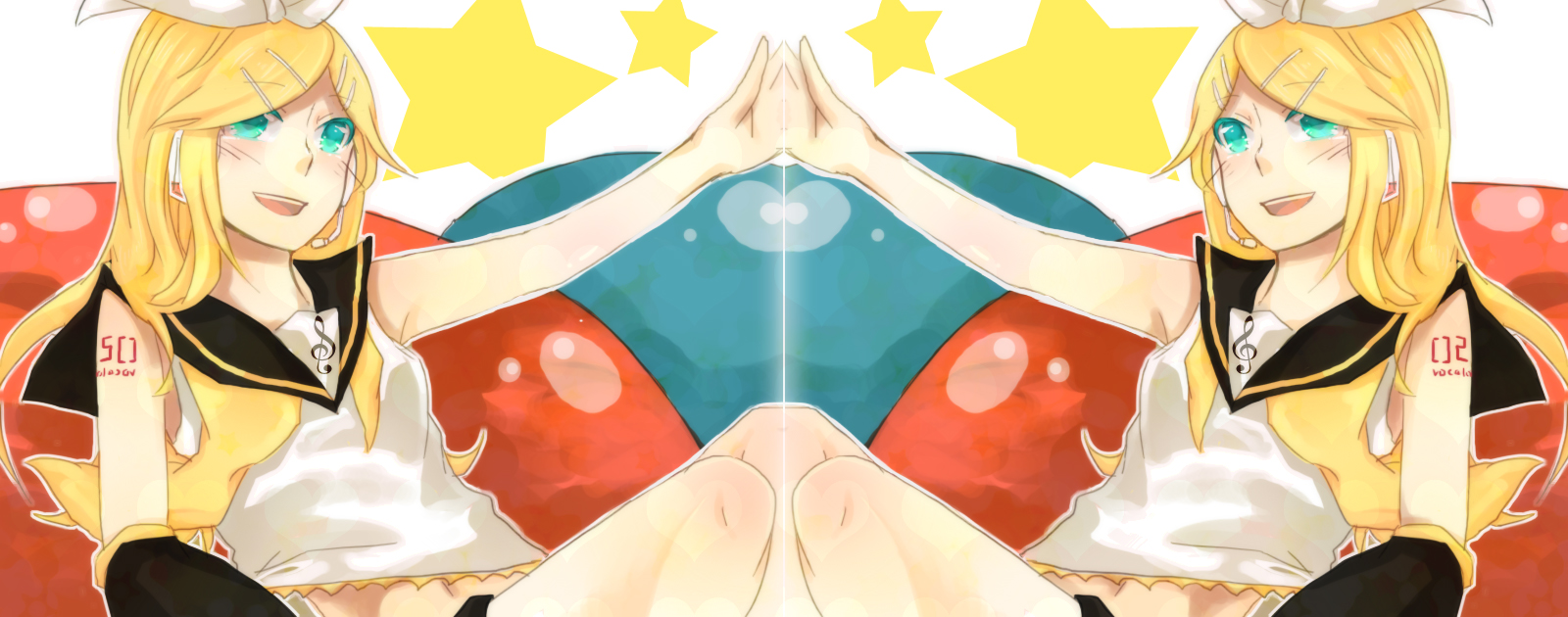 miyake achi, kagamine rin, vocaloid, bad id, bad pixiv id, highres, aqua eyes, blonde hair, hair ornament, hair ribbon, hairclip, long hair, ribbon, symmetry