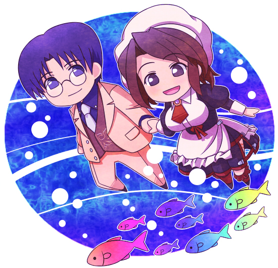 jailbird, tommy the suicide, shannon (umineko), ushiromiya george, umineko no naku koro ni, 00s, 1boy, 1girl, black hair, breasts, brown hair, chibi, dress, fish, frills, glasses, hat, jacket, large breasts, necktie, ribbon, thighhighs
