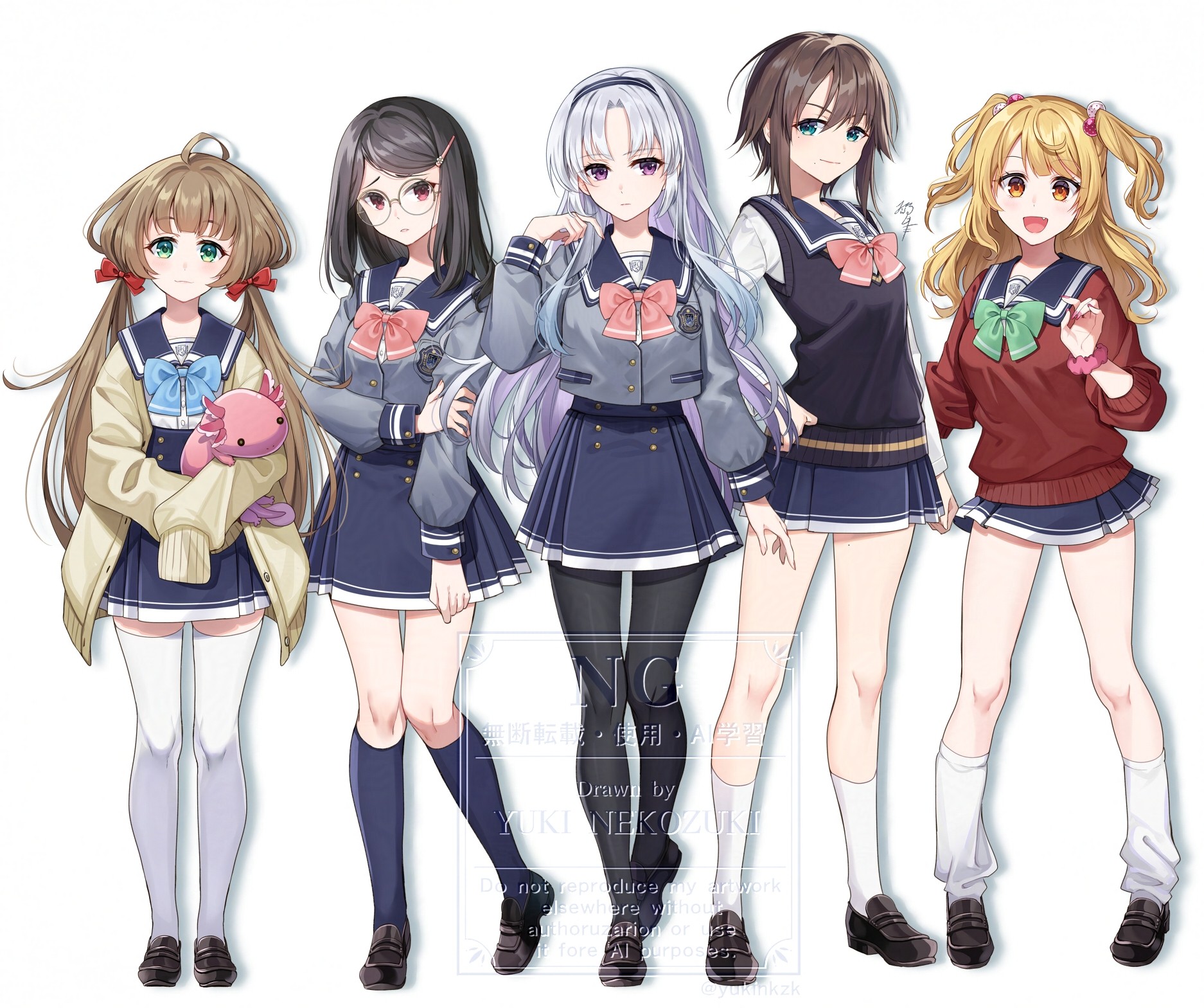 nekozuki yuki, original, commentary request, highres, >:), 5girls, :d, ahoge, animal, axolotl, black hair, black hairband, black pantyhose, black shoes, blazer, blonde hair, blue sailor collar, blue skirt, blue socks, bow, breasts, brown-framed eyewear, brown cardigan, brown hair, cardigan, closed mouth, fang, green bow, green eyes, grey hair, grey jacket, hair bow, hair ornament, hairband, hairclip, haizuka hisa, jacket, kirisaki sae, kneehighs, knees together feet apart, loafers, long hair, long sleeves, loose socks, low twintails, medium breasts, mikage towako, multicolored hair, multiple girls, nail polish, open cardigan, open clothes, open mouth, pantyhose, parted bangs, pink bow, pink nails, pink scrunchie, pleated skirt, puffy long sleeves, puffy sleeves, purple eyes, purple hair, red bow, red eyes, red sweater, round eyewear, sailor collar, sakaidani miona, school uniform, scrunchie, serafuku, shirt, shoes, short hair, simple background, skirt, sleeves past wrists, smile, socks, standing, standing on one leg, sweater, sweater vest, swept bangs, thighhighs, twintails, two-tone hair, two side up, v-shaped eyebrows, very long hair, watermark, white background, white shirt, white socks, white thighhighs, wrist scrunchie, yamanashi yoruka