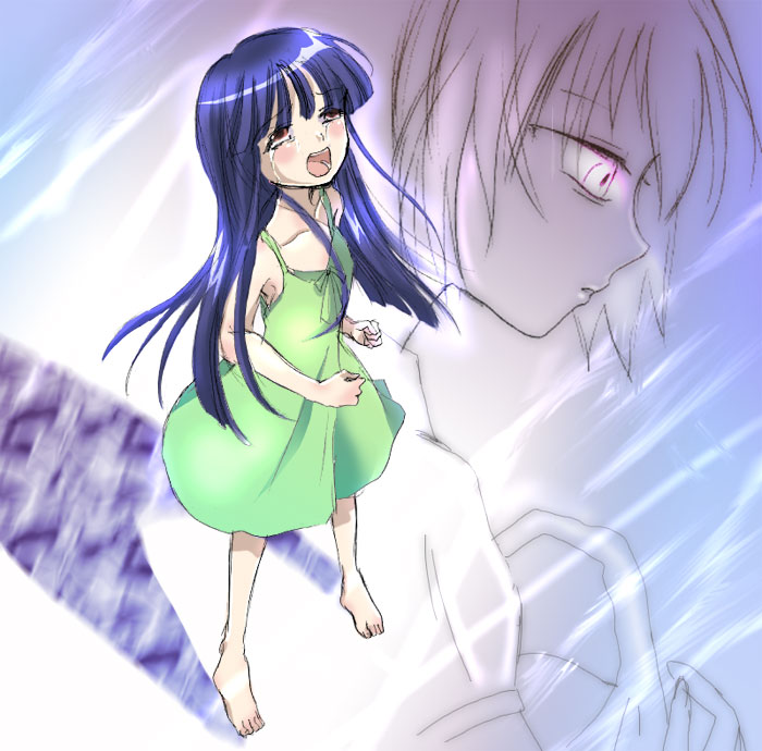 tonami, tonami77, furude rika, houjou satoko, higurashi no naku koro ni, bad id, bad pixiv id, 00s, 2girls, barefoot, blue hair, dress, empty eyes, green skirt, long hair, multiple girls, open mouth, purple eyes, screaming, skirt, tears