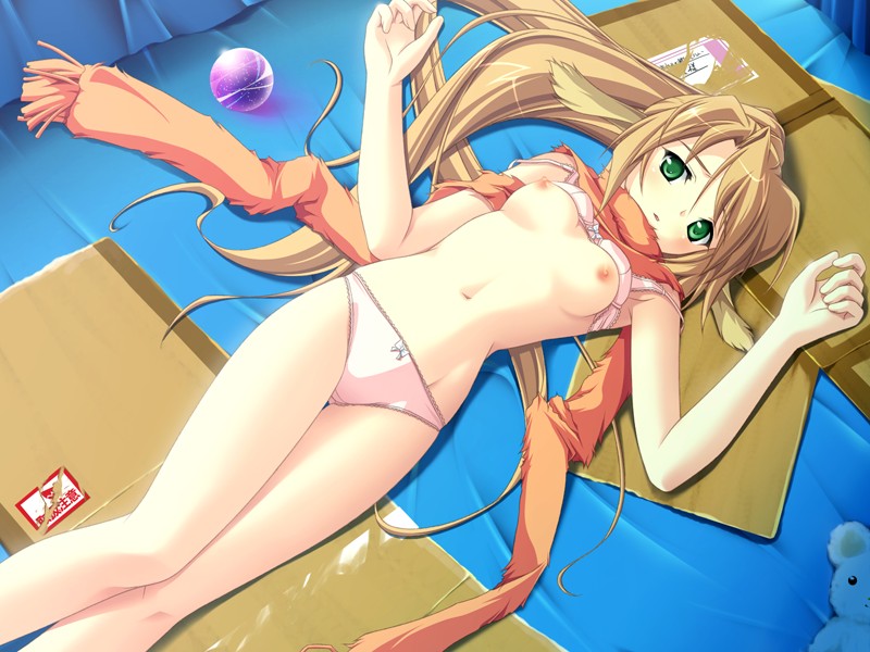 tsurugi hagane, 1girl, animal ears, blonde hair, bra, bra lift, breasts, clothes lift, familiar spirit, female focus, floor, green eyes, lingerie, long hair, lying, navel, panties, scarf, small breasts, solo, underwear, very long hair