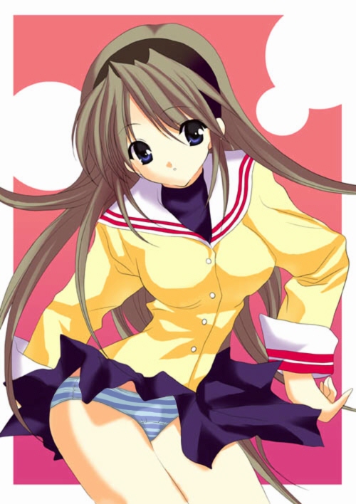 sakagami tomoyo, clannad, artist request, 00s, blue eyes, brown hair, headband, long hair, panties, pantyshot, school uniform, skirt, striped clothes, striped panties, underwear, very long hair