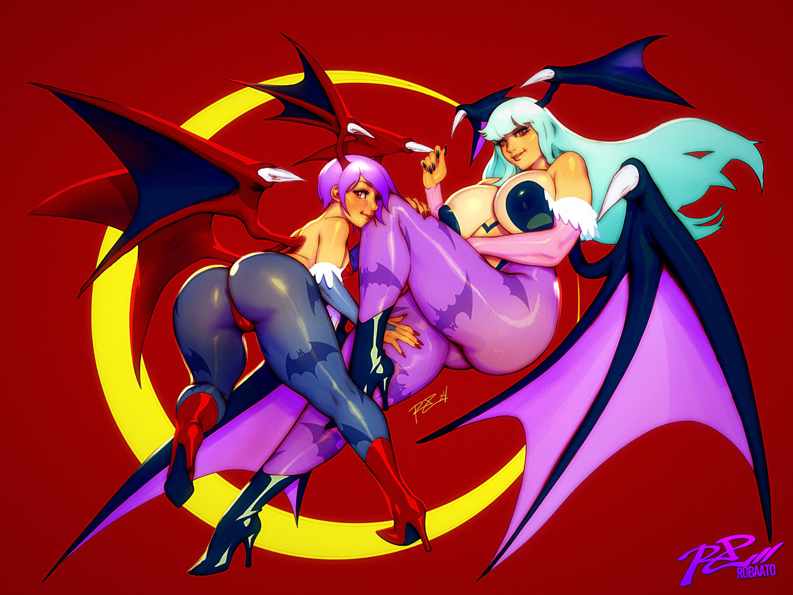 robaato, lilith (darkstalkers), morrigan aensland, rouge the bat, darkstalkers, highres, 2girls, animal print, ass, bare shoulders, bat print, bat wings, boots, breasts, bridal gauntlets, cleavage, crescent moon, demon girl, demon wings, green hair, head wings, high heel boots, high heels, huge breasts, large breasts, leotard, long hair, looking at viewer, low wings, moon, multiple girls, nail polish, oversized wings, pantyhose, print pantyhose, purple hair, purple pantyhose, red background, red eyes, red leotard, red wings, shoes, short hair, siblings, sisters, smile, thick thighs, thighs, wings