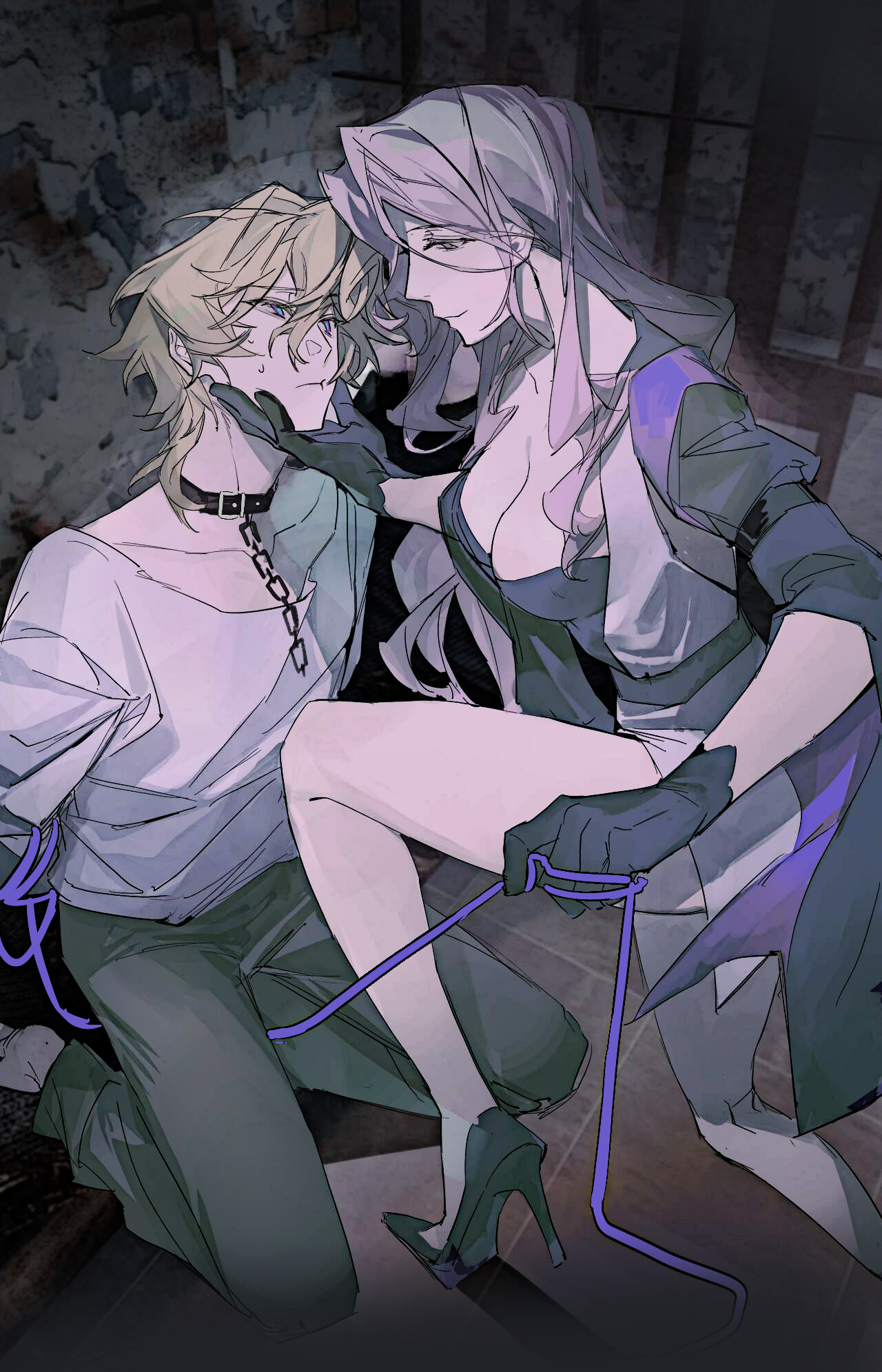 aventurine (honkai: star rail), jade (honkai: star rail), honkai: star rail, honkai (series), chinese commentary, highres, 1boy, 1girl, anmio, barefoot, bdsm, black choker, black gloves, black pants, blonde hair, blue eyes, bondage, bound, breasts, captured, chain, choker, cleavage, closed mouth, collarbone, dark room, dress, femdom, from side, gloves, glowing, glowing eyes, grey shirt, hair between eyes, hand on another's chin, head tilt, hetero, high heels, huge breasts, indoors, kneeling, leaning forward, light smile, long hair, long sleeves, looking at another, looking down, looking up, nervous sweating, on one knee, pants, pink hair, shade, shirt, short hair, sweat, sweatdrop, thighs, wavy hair