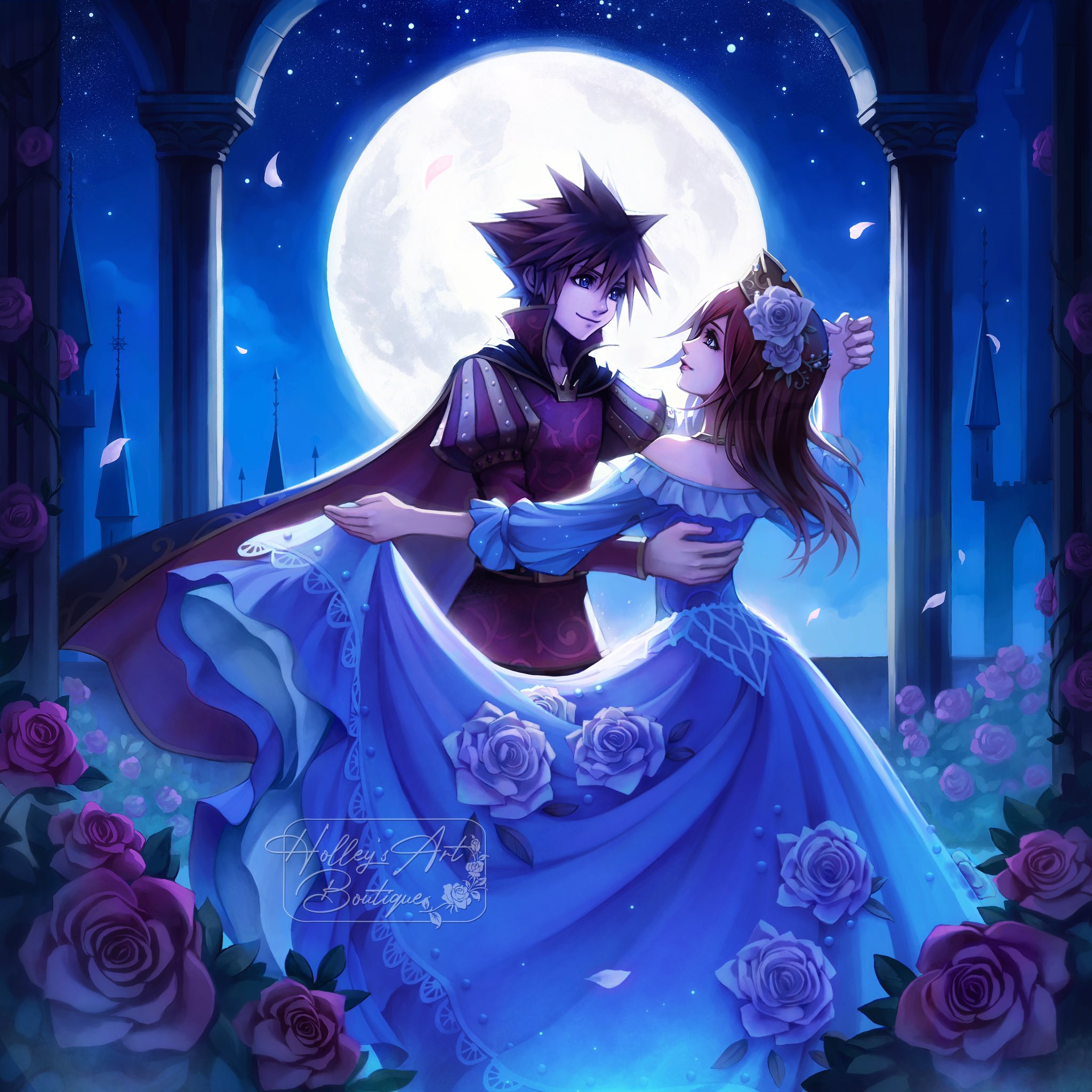 hollypolllyy, kairi (kingdom hearts), sora (kingdom hearts), kingdom hearts, kingdom hearts ii, highres, 1boy, 1girl, alternate color, alternate costume, artist name, blue dress, blue eyes, blue flower, blue rose, brown hair, closed mouth, dancing, dress, flower, formal clothes, hair flower, hair ornament, holding hands, lips, long hair, long sleeves, looking at another, moon, night, night sky, nomura tetsuya (style), outdoors, petals, pink flower, pink lips, pink rose, pointy hair, profile, red hair, rose, sky, smile, star (sky), waltz (dance)