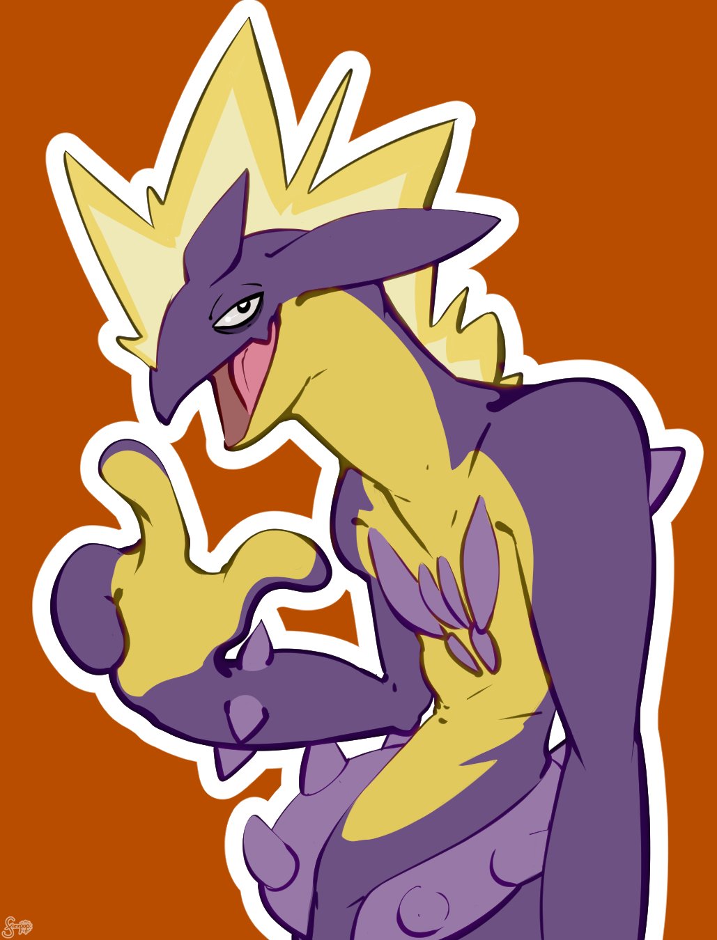 toxtricity, toxtricity (amped), nintendo, pokemon, highres, brown background, colored skin, fizzpop, gen 8 pokemon, multicolored skin, open mouth, outline, pokemon (creature), purple skin, simple background, solo, two-tone skin, upper body, white outline, yellow skin