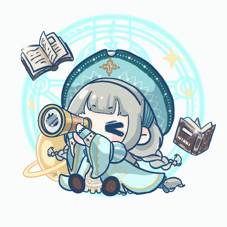 xiaoyu qixing, nikki (series), shining nikki, animated, animated gif, looping animation, > o, 1girl, aqua robe, black boots, black eyes, blinking, blue hat, blue ribbon, blush stickers, boots, braid, chibi, dress, eyelashes, fringe trim, grey hair, hair ornament, hair ribbon, hat, holding, holding telescope, juliet sleeves, lace-trimmed sleeves, lace trim, long dress, long hair, long sleeves, looking through scope, low twin braids, magic circle, one eye closed, planet, planetary ring, puffy sleeves, ribbon, robe, simple background, sitting, solid oval eyes, solo, sparkle, star (symbol), star fairytale (shining nikki), star hair ornament, telescope, twin braids, vertical-striped sleeves, very long hair, white background, white dress, wide sleeves