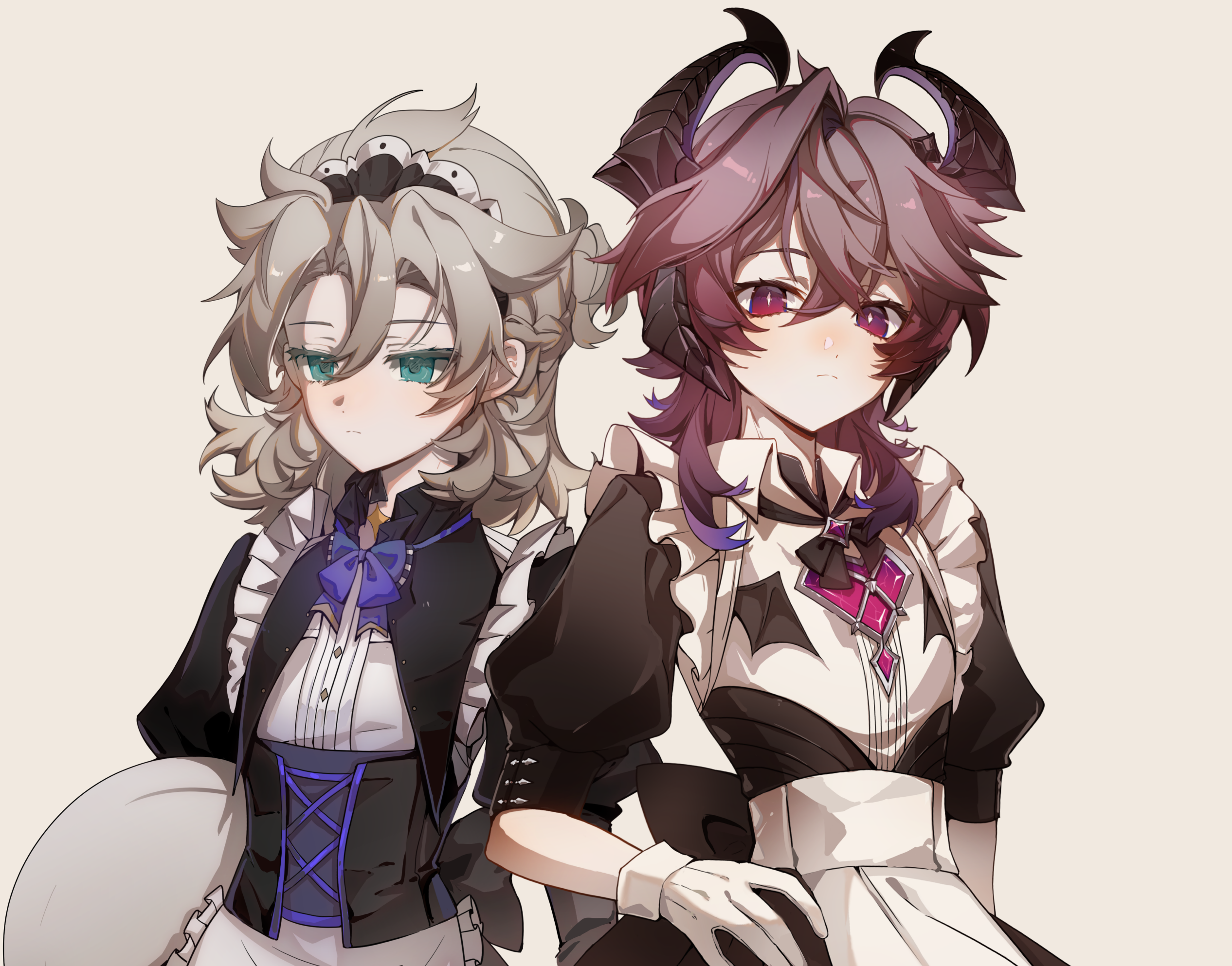 albedo (genshin impact), mini durin (genshin impact), mini durin (human) (genshin impact), genshin impact, highres, 2boys, alternate costume, apron, aqua eyes, black bow, black dress, blonde hair, blush, bow, bowtie, braid, closed mouth, corset, crossdressing, crossdressing (mtf), demon horns, dongzhiji519, dragon boy, dragon horns, dress, enmaided, frilled dress, frills, gloves, hair between eyes, hand on own hip, holding, holding plate, holding tray, horns, looking at viewer, maid, maid apron, maid headdress, male focus, male maid, medium hair, multicolored hair, multiple boys, plate, puffy short sleeves, puffy sleeves, purple bow, purple bowtie, purple eyes, purple hair, short sleeves, simple background, trap, tray, upper body, white apron, white background, white gloves