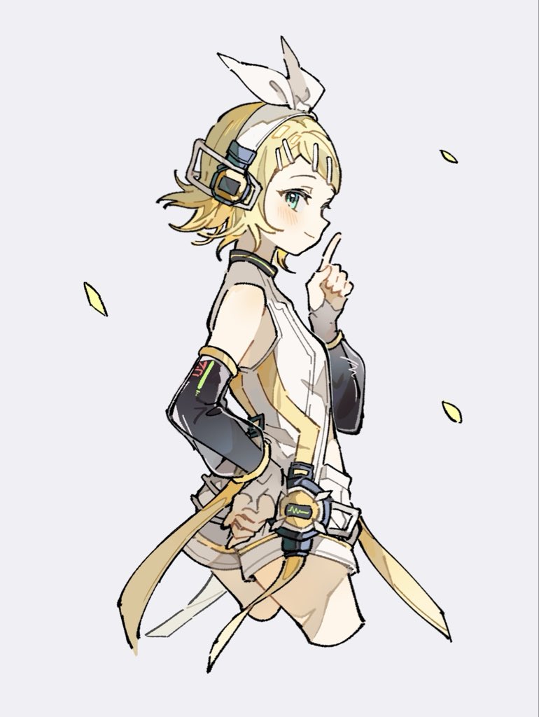 akoto (akoto0228), kagamine rin, kagamine rin (append), vocaloid, vocaloid append, 1girl, bare shoulders, black sleeves, blonde hair, blue eyes, blush, breasts, cowboy shot, cropped legs, detached sleeves, falling petals, hair ornament, hairband, hairclip, hand on own hip, headphones, light smile, petals, shirt, short hair, shorts, sleeveless, sleeveless shirt, small breasts, solo, swept bangs, white hairband, white shirt, white shorts