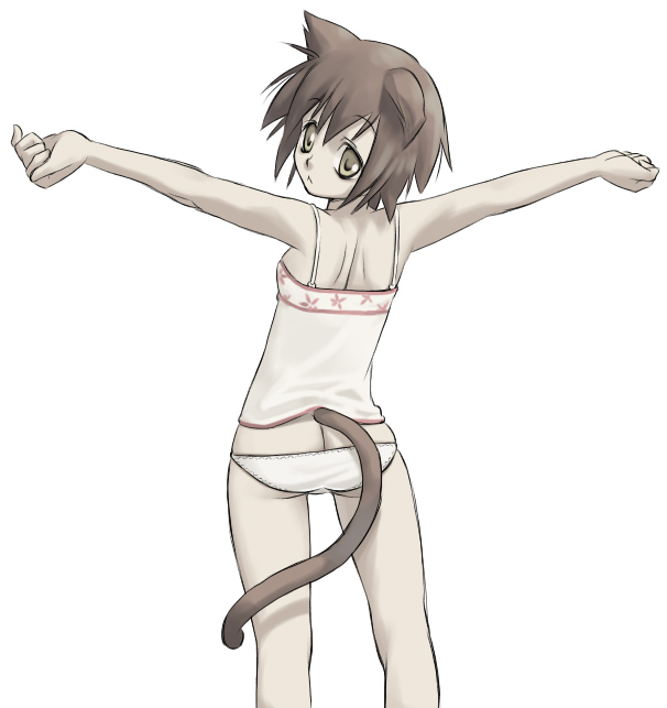 you2, :<, animal ears, ass, back, butt crack, camisole, cat ears, cat tail, loli, lowleg, lowleg panties, outstretched arms, panties, solo, spread arms, tail, underwear