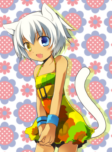 kamiyoshi rika, thoto, original, lowres, 1boy, animal ears, cat ears, cat tail, child, crossdressing, crossdressing (mtf), dress, heterochromia, male focus, solo, tail, trap