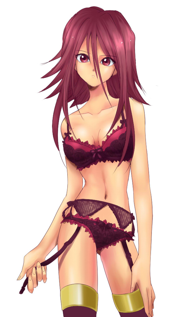 hirano kei, izayoi aki, yu-gi-oh!, yu-gi-oh! 5d's, bad id, bad pixiv id, 00s, 1girl, bra, breasts, cleavage, female focus, garter belt, lingerie, navel, panties, red bra, red eyes, red hair, red panties, solo, standing, thighhighs, underwear, underwear only