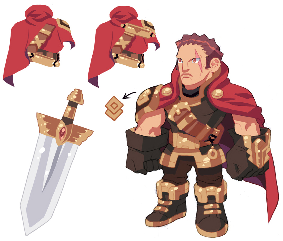 bf. (sogogiching), asgard, nexon, official art, second-party source, 1boy, ankle boots, armor, arms at sides, belt, black pants, boots, brown belt, brown boots, brown gloves, brown hair, brown shirt, cape, clenched hands, closed mouth, frown, full body, gem, gloves, huge weapon, legs apart, long face, male focus, muscular, muscular male, orange eyes, pants, pauldrons, production art, red cape, red gemstone, scar, scar across eye, scar on face, shirt, shoulder armor, shoulder belt, simple background, single pauldron, standing, sword, weapon, white background