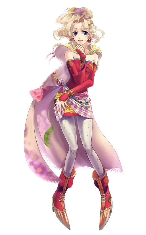 kyuuri, tina branford, final fantasy, final fantasy vi, bad id, bad pixiv id, 1990s (style), 1girl, amano yoshitaka design, blonde hair, blue eyes, cape, detached sleeves, dress, earrings, female focus, full body, gloves, jewelry, long hair, pantyhose, ponytail, purple eyes, retro artstyle, ribbon, simple background, solo, sword, weapon, white pantyhose