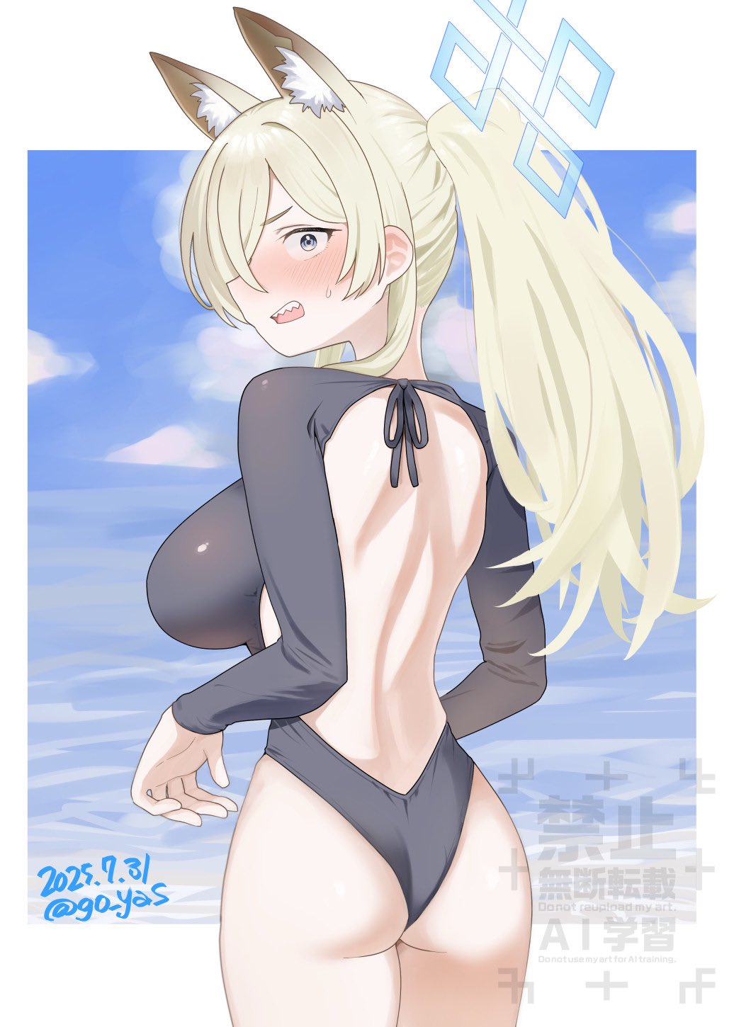 go yasukuni, kanna (blue archive), blue archive, highres, 1girl, animal ears, ass, back, beach, blonde hair, blue eyes, blue sky, blush, breasts, cloud, cloudy sky, dog ears, hair over one eye, halo, large breasts, long hair, ocean, ponytail, sky