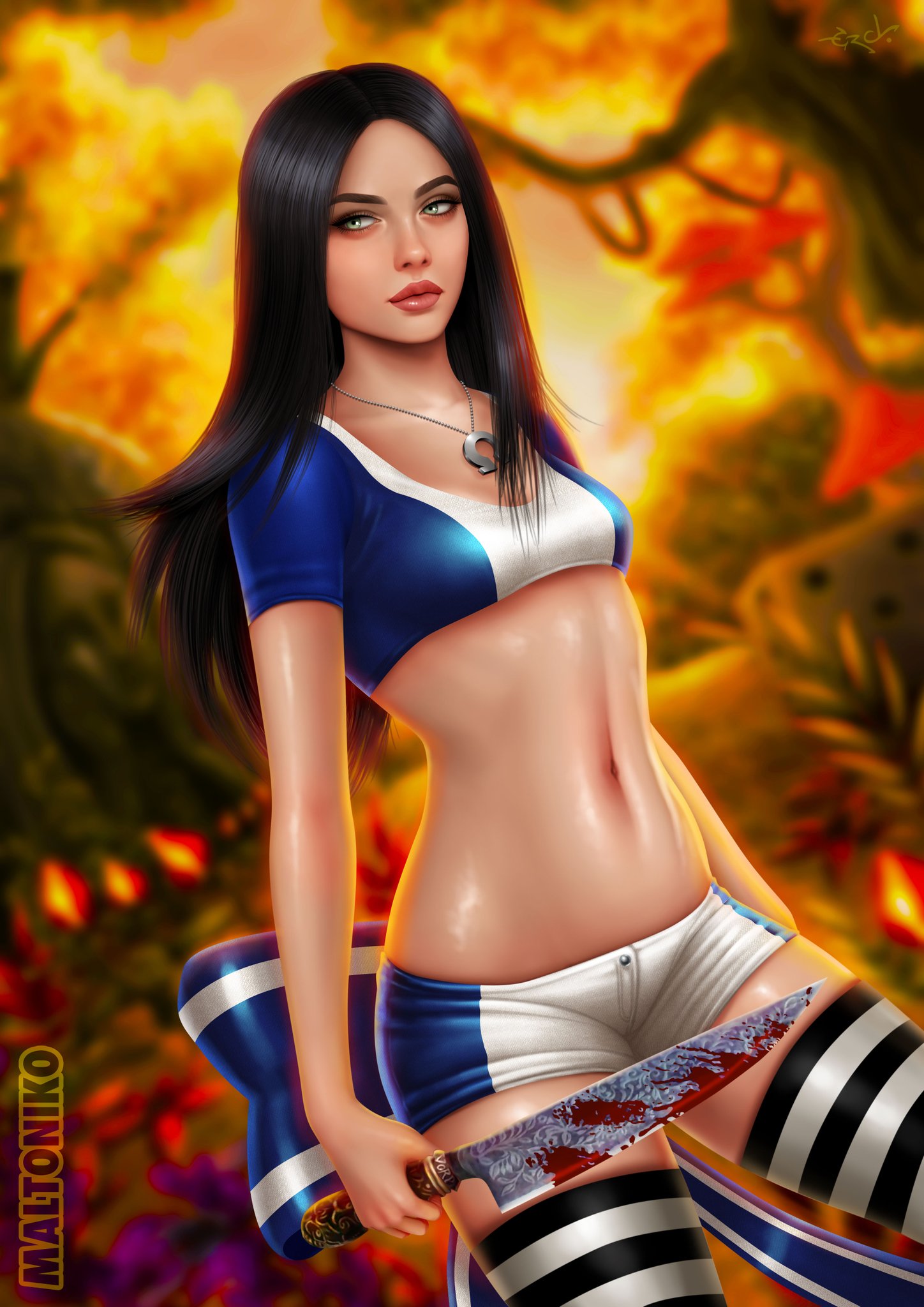 maltoniko, alice liddell (american mcgee's alice), alice: madness returns, american mcgee's alice, highres, 1girl, blood, breasts, female focus, green eyes, knife, lips, long hair, navel, short shorts, shorts, small breasts, solo, striped clothes, striped thighhighs, thighhighs