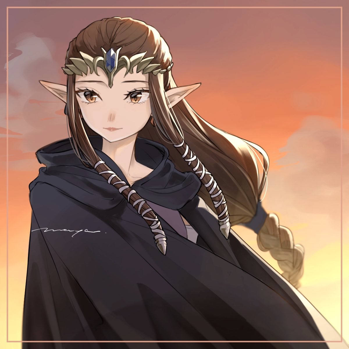 maya (mayamayammy), princess zelda, nintendo, the legend of zelda, the legend of zelda: twilight princess, commentary, highres, 1girl, black cloak, blue gemstone, braid, brown eyes, brown hair, circlet, cloak, closed mouth, gem, long hair, low-braided long hair, low-tied long hair, orange sky, pointy ears, sidelocks, signature, sky, solo, upper body
