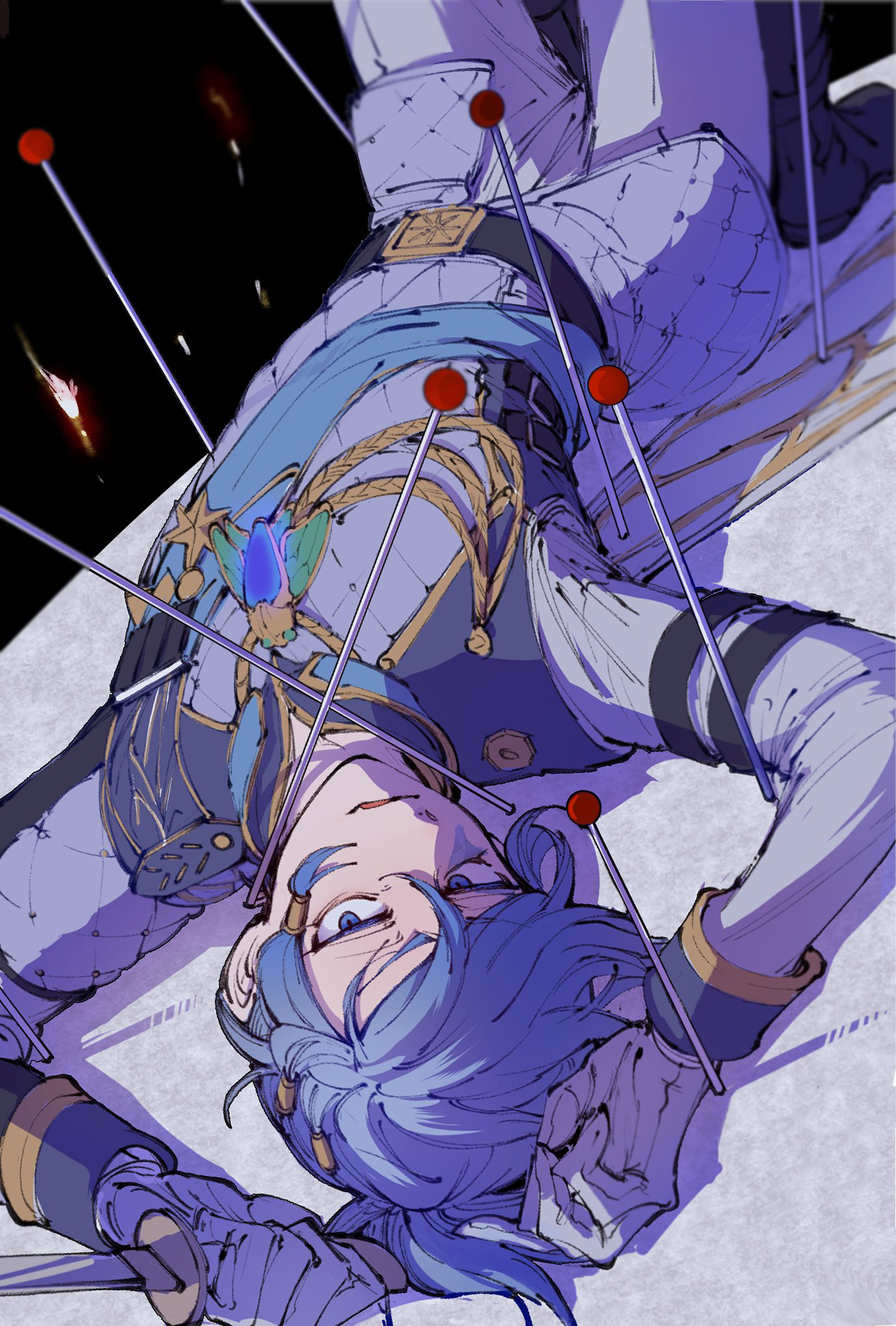 bububuki, luca balsa, luca balsa (winter cicada), identity v, highres, 1boy, black boots, blue eyes, blue hair, boots, dagger, fang, full body, grey vest, hair tubes, half-closed eyes, holding, holding dagger, holding knife, holding weapon, jewelry, knife, legs up, lying, male focus, necklace, on back, pants, pin, ponytail, shirt, short ponytail, skin fang, vest, weapon, white pants, white shirt