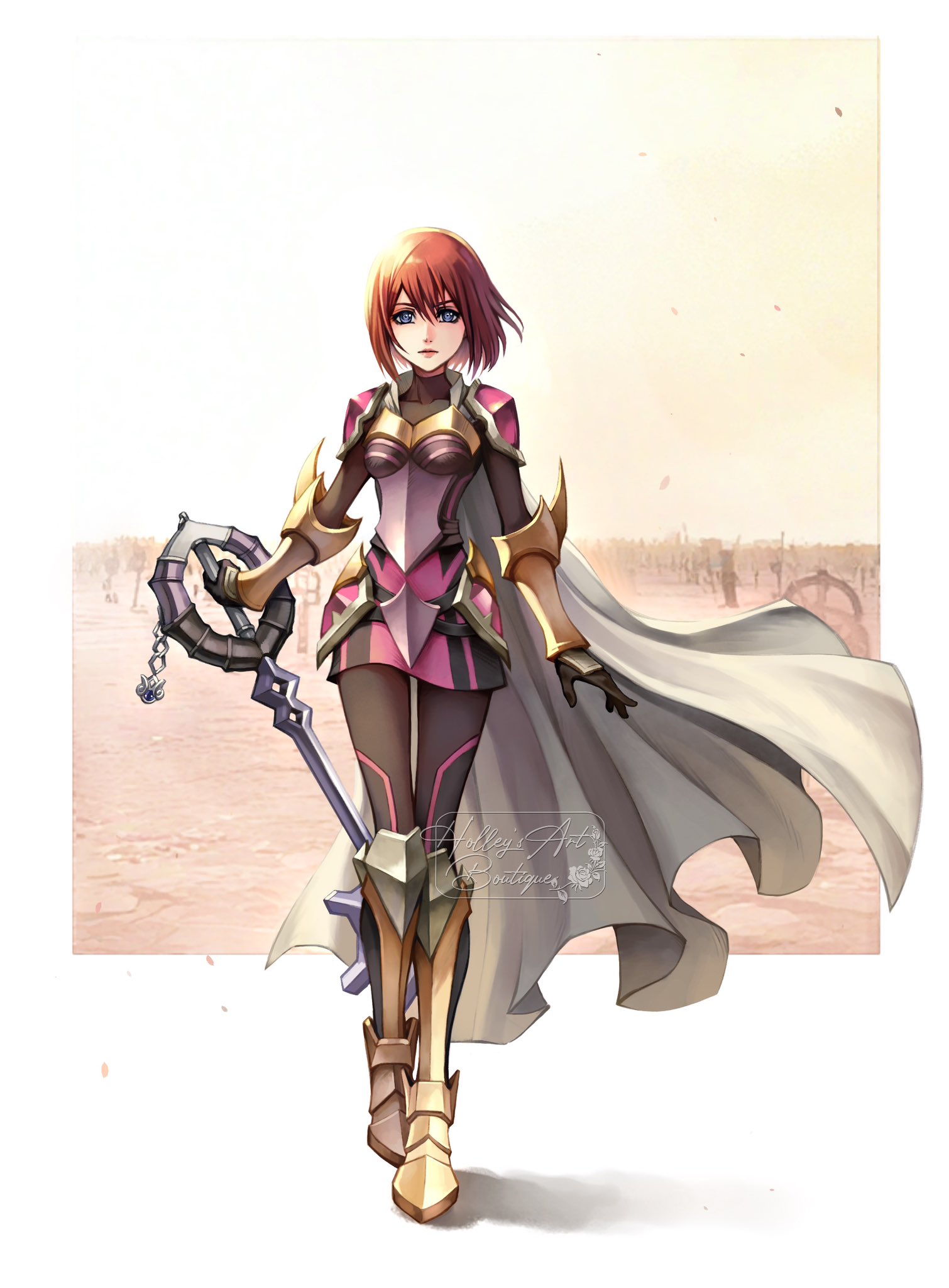 hollypolllyy, kairi (kingdom hearts), kingdom hearts, highres, 1girl, armor, armored boots, armored dress, armored gloves, artist name, battlefield, black pantyhose, blue eyes, bob cut, boots, border, breasts, cape, dress, full body, hair between eyes, holding, holding weapon, keyblade, medium breasts, pantyhose, pink dress, red hair, short hair, shoulder armor, solo, weapon, white border, white cape