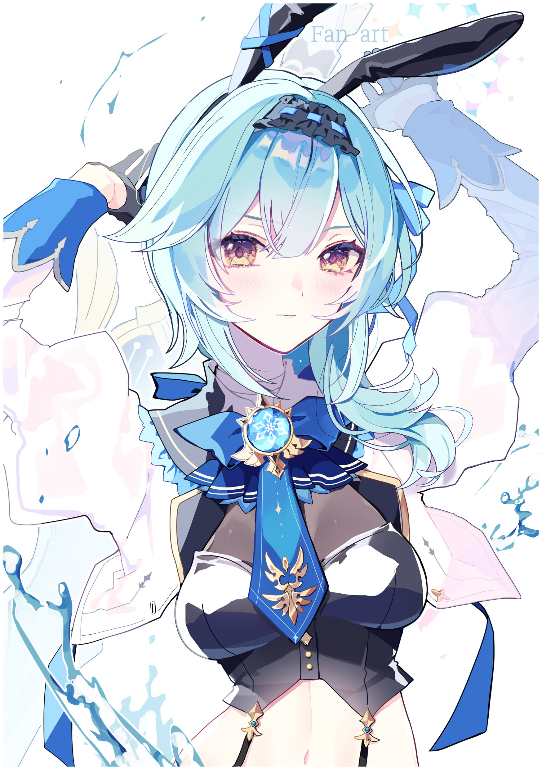 karaage ha 315, eula (genshin impact), genshin impact, absurdres, commentary request, highres, 1girl, adapted costume, animal ears, arms up, black bustier, black gloves, black hairband, blue hair, blue necktie, breasts, bustier, closed mouth, cropped jacket, fake animal ears, gloves, hairband, jacket, juliet sleeves, large breasts, linea alba, long sleeves, looking at viewer, midriff, navel, necktie, open clothes, open jacket, puffy sleeves, rabbit ears, solo, upper body, vision (genshin impact), white jacket, yellow eyes