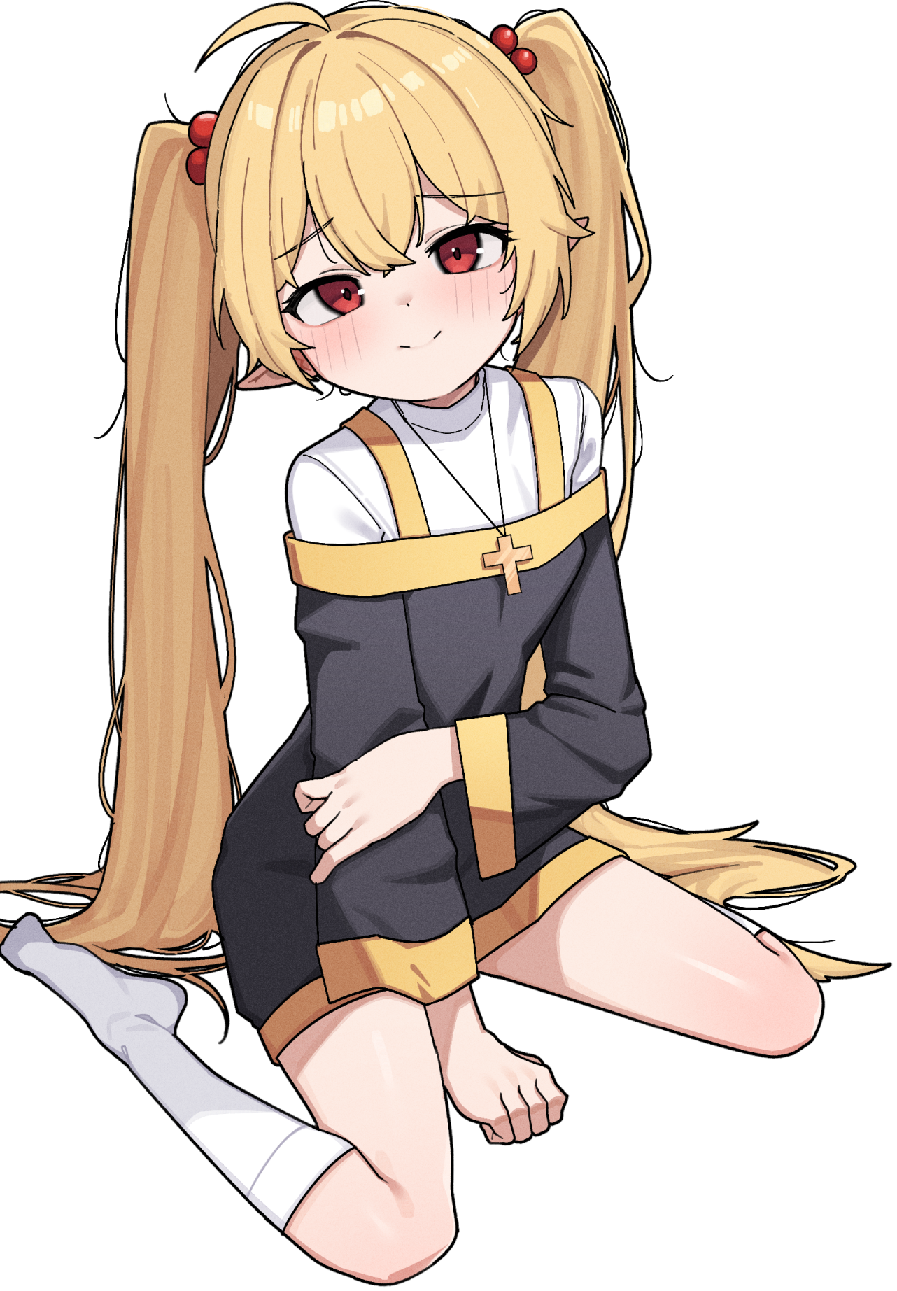 original, artist request, commentary request, commission, highres, korean commentary, ahoge, blonde hair, blush, cross, cross necklace, flat chest, hair between eyes, hair bobbles, hair ornament, jewelry, necklace, pointy ears, red eyes, socks, twintails, white background, white socks
