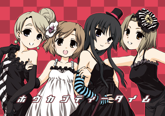 fujieda miyabi, akiyama mio, hirasawa yui, kotobuki tsumugi, tainaka ritsu, don't say "lazy", k-on!, 00s, 4girls, hair bun, hat, ho-kago tea time, mini hat, mini top hat, multiple girls, single hair bun, top hat