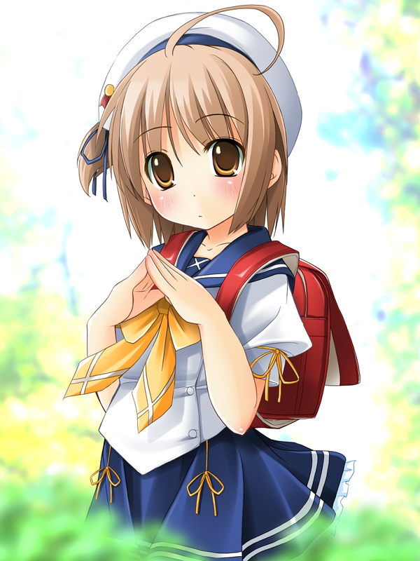 shibacha, nekomiya nono, yotsunoha, 00s, 1girl, ahoge, backpack, bag, blush, brown eyes, brown hair, female focus, hat, randoseru, school uniform, serafuku, short hair, solo, steepled fingers