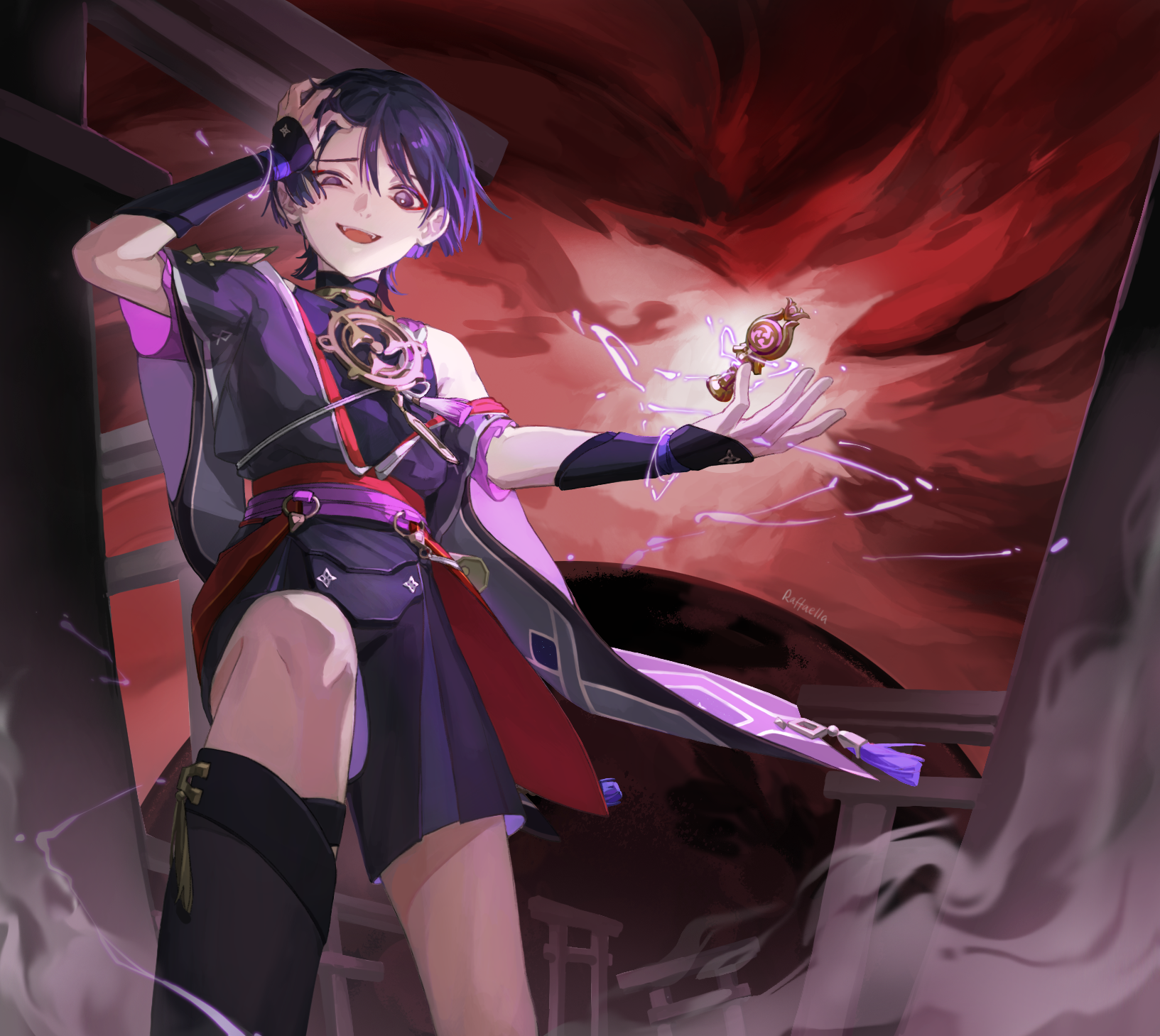 zhitianxinchang24730, scaramouche (genshin impact), genshin impact, chinese commentary, highres, 1boy, architecture, bridal gauntlets, east asian architecture, electricity, electro symbol (genshin impact), eyeliner, fangs, floating, glowing, gnosis (genshin impact), hair between eyes, hand up, hat, head tilt, japanese clothes, knee up, looking at viewer, looking down, makeup, moon, open mouth, purple eyes, purple hair, red background, red eyeliner, red moon, red sky, shade, short hair, shorts, single bare shoulder, sky, sleeveless, solo, standing, wide-eyed, wind