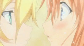 setsuna, setsuna (kyoushirou to towa no sora), shiratori kuu, kyoushirou to towa no sora, animated, animated gif, anime screenshot, lowres, 00s, 2girls, :o, ahoge, aqua eyes, bath, blinking, blonde hair, blue eyes, blush, close-up, embarrassed, eye contact, from behind, hair between eyes, indoors, kiss, long hair, looking at another, multiple girls, nude, open mouth, orange hair, profile, red hair, sidelocks, splashing, steam, surprised, very long hair, water, wet, wet hair, yuri