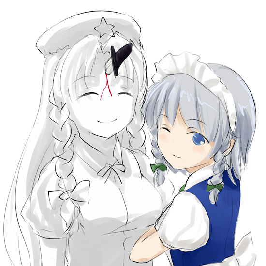 akai ronii, hong meiling, izayoi sakuya, embodiment of scarlet devil, touhou, 2girls, blood, blue eyes, braid, female focus, hug, knife, multiple girls, one eye closed, partially colored, ribbon, smile, twin braids, wink, yandere