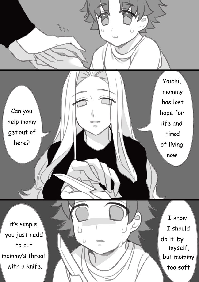may (2747513627), yukimura yoichi, camp buddy, black shirt, crying, english text, holding, holding knife, knife, long hair, mother and son, sad, self-harm, shirt, speech bubble, white shirt