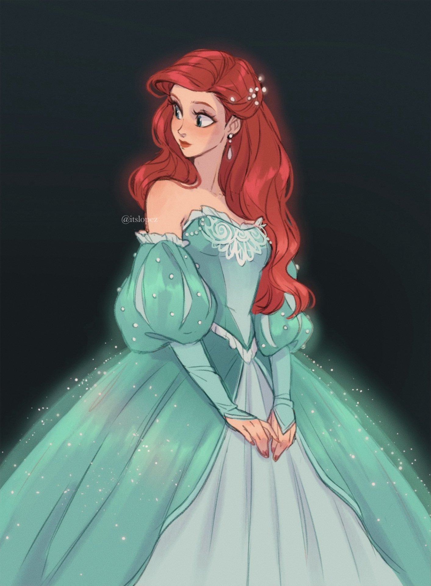 itslopezz, ariel (disney), the little mermaid (disney), highres, 1girl, aqua dress, bare shoulders, black background, blue eyes, breasts, cowboy shot, detached sleeves, dress, earrings, hair over shoulder, jewelry, juliet sleeves, long dress, long hair, long sleeves, looking to the side, medium breasts, own hands together, puffy sleeves, red hair, solo, swept bangs, twitter username, wavy hair