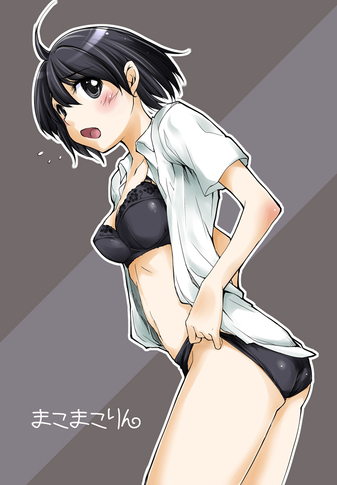 kawamura tsukasa, kikuchi makoto, idolmaster, idolmaster (classic), idolmaster 1, 00s, 1girl, ass, bra, breasts, dressing, female focus, lingerie, panties, panty pull, solo, underwear