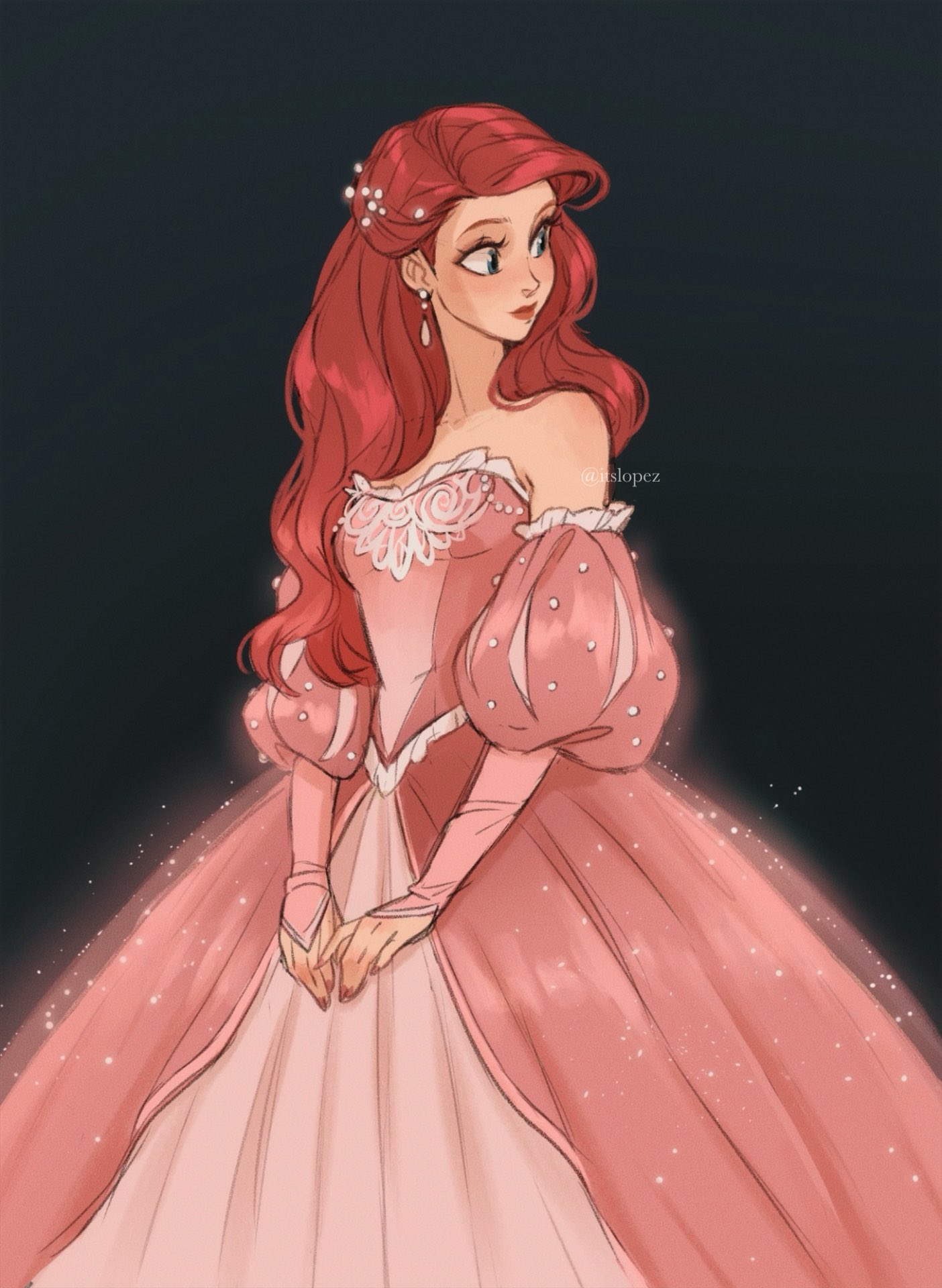 itslopezz, ariel (disney), the little mermaid (disney), highres, 1girl, bare shoulders, black background, blue eyes, breasts, cowboy shot, detached sleeves, dress, earrings, hair over shoulder, jewelry, juliet sleeves, long dress, long hair, long sleeves, looking to the side, medium breasts, own hands together, pink dress, puffy sleeves, red hair, solo, swept bangs, twitter username, wavy hair