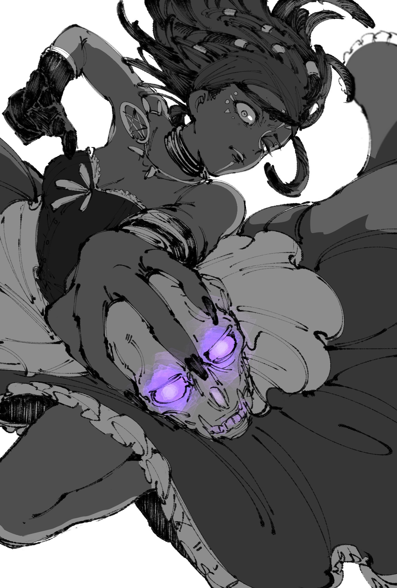 bububuki, patricia dorval, identity v, highres, 1girl, animal skull, corset, dark skin, dreadlocks, dynamic pose, facial mark, feet out of frame, fingernails, floating clothes, floating hair, frilled skirt, frills, gloves, hair tubes, hairband, half-closed eye, jewelry, looking at viewer, neck ring, necklace, partially colored, sharp fingernails, single glove, skirt, skull
