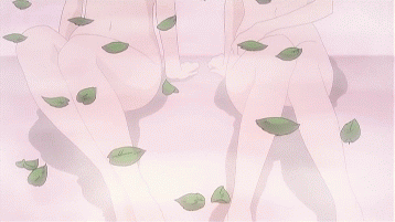 akashiya moka, sendou yukari, rosario+vampire, dvd, screencap, animated, animated gif, lowres, 00s, 2girls, black hair, breasts, cross, green eyes, leaf, multiple girls, necklace, nipples, nude, pink hair, purple eyes, short hair, stretching, water